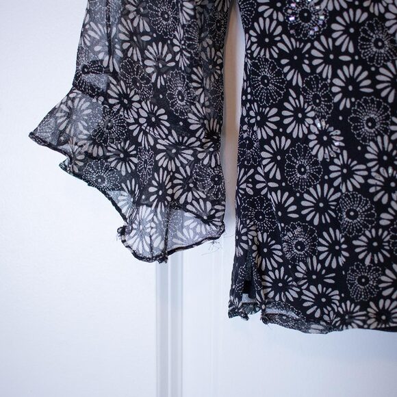 Sheer Black Floral Beaded Blouse NYC Design Co Tie Front Top P Med | True Winter - Picture 3 of 9